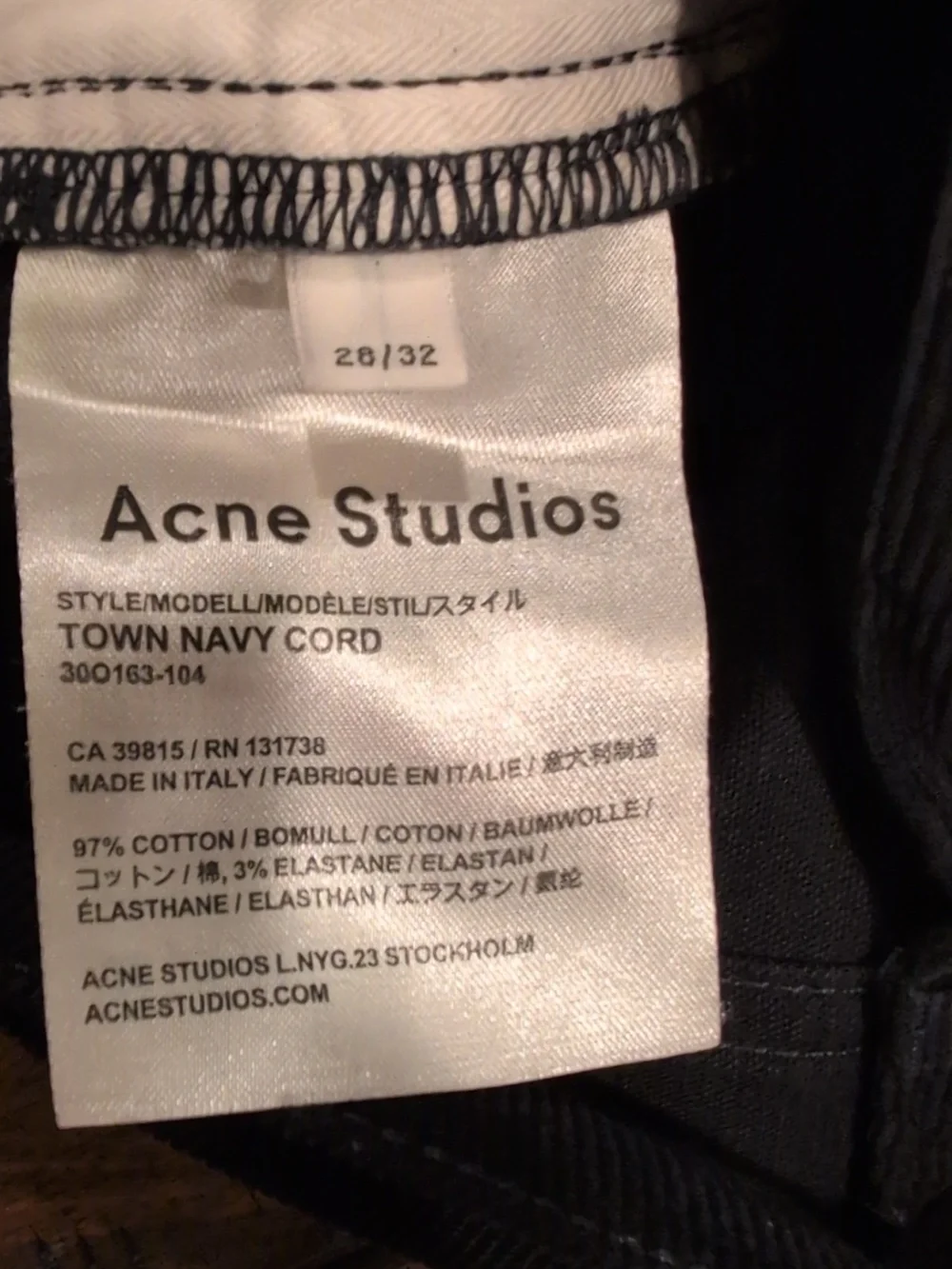 Acne Studios Town Cord Corduroy Slim Fit Pants 28x26.5